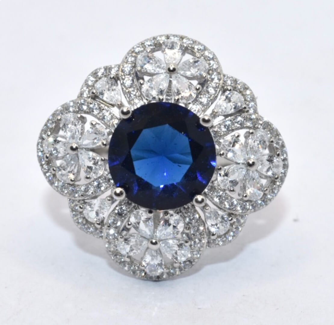 Sapphire Coloured Cocktail Ring - Silver Attractions